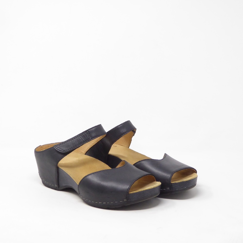 Dansko Tracy Womens Wedge Sandals Black Leather Peep Toe Comfort 36